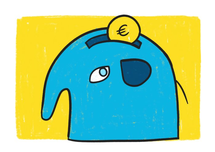 A drawn elephant balancing a euro coin on its head
