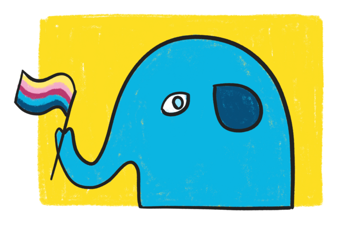 A drawn elephant waving a flag with its trunk