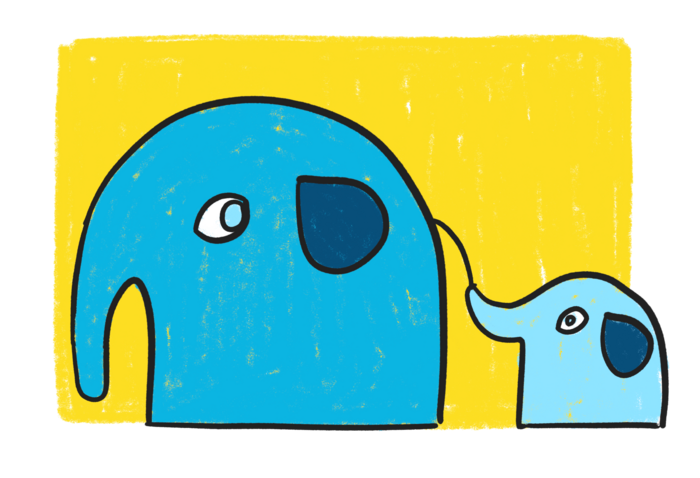 A drawn elephant standing next to a small baby elephant