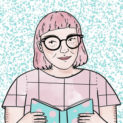Eine Zeichnung von Carla, sie hält ein offenes Buch in beiden Händen.
