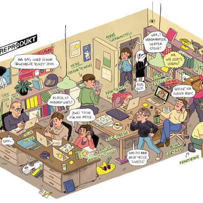 Eine Zeichnung, wie es im Büro von Reprodukt aussieht. Viele Menschen arbeiten an Schreibtischen.